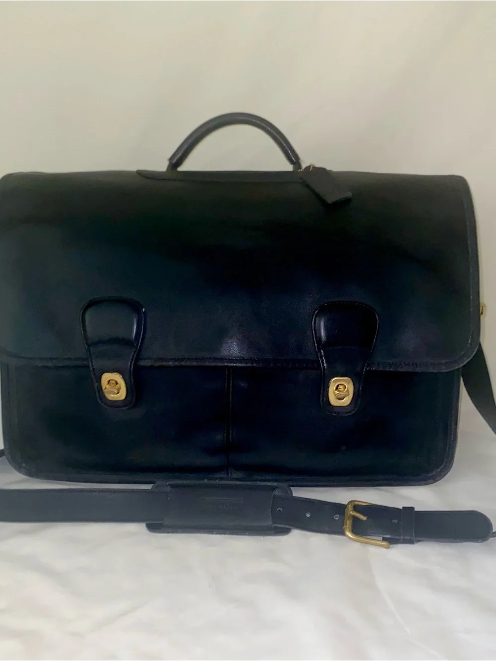Coach Black Leather Briefcase with Brass Accents